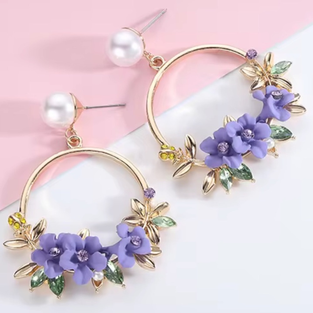 Fashion Jewelry Gold Floral Earrings with Lilac and Green Accents. - Picture 2 of 11
